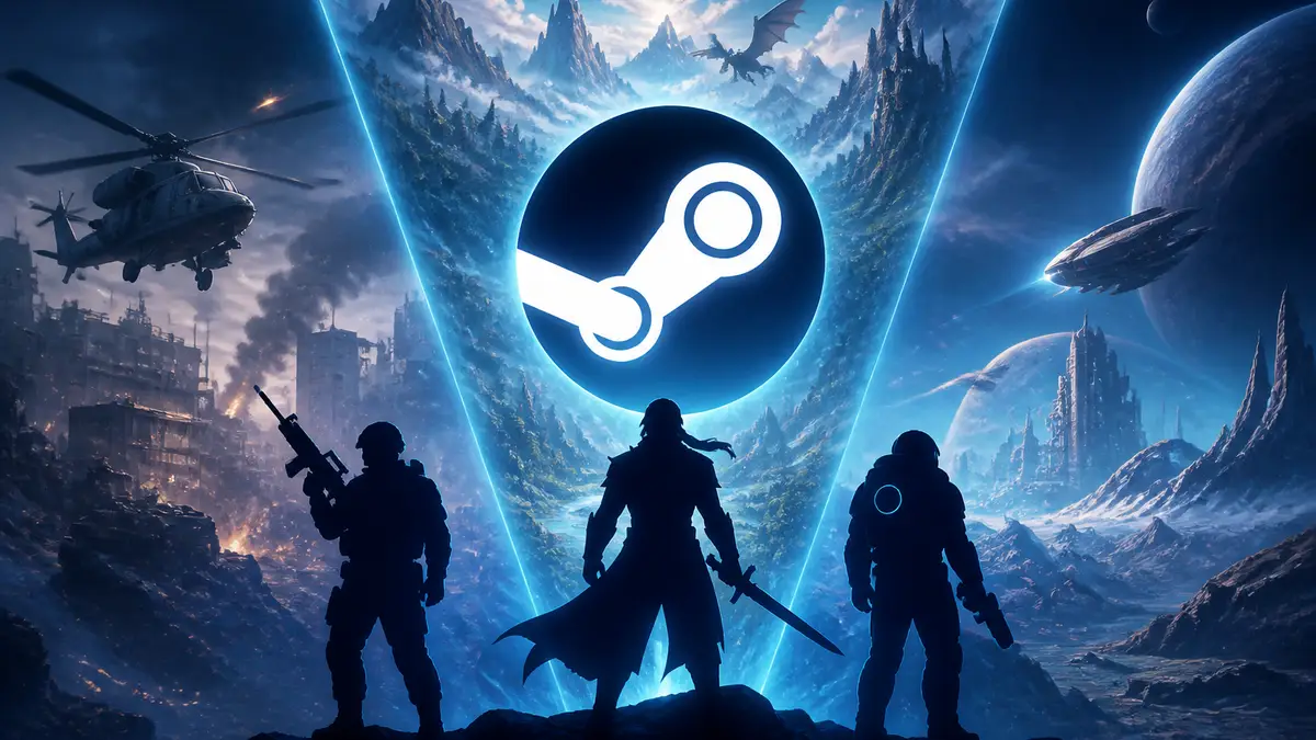 Логотип Steam и значок «Бесплатные выходные» с тремя играми