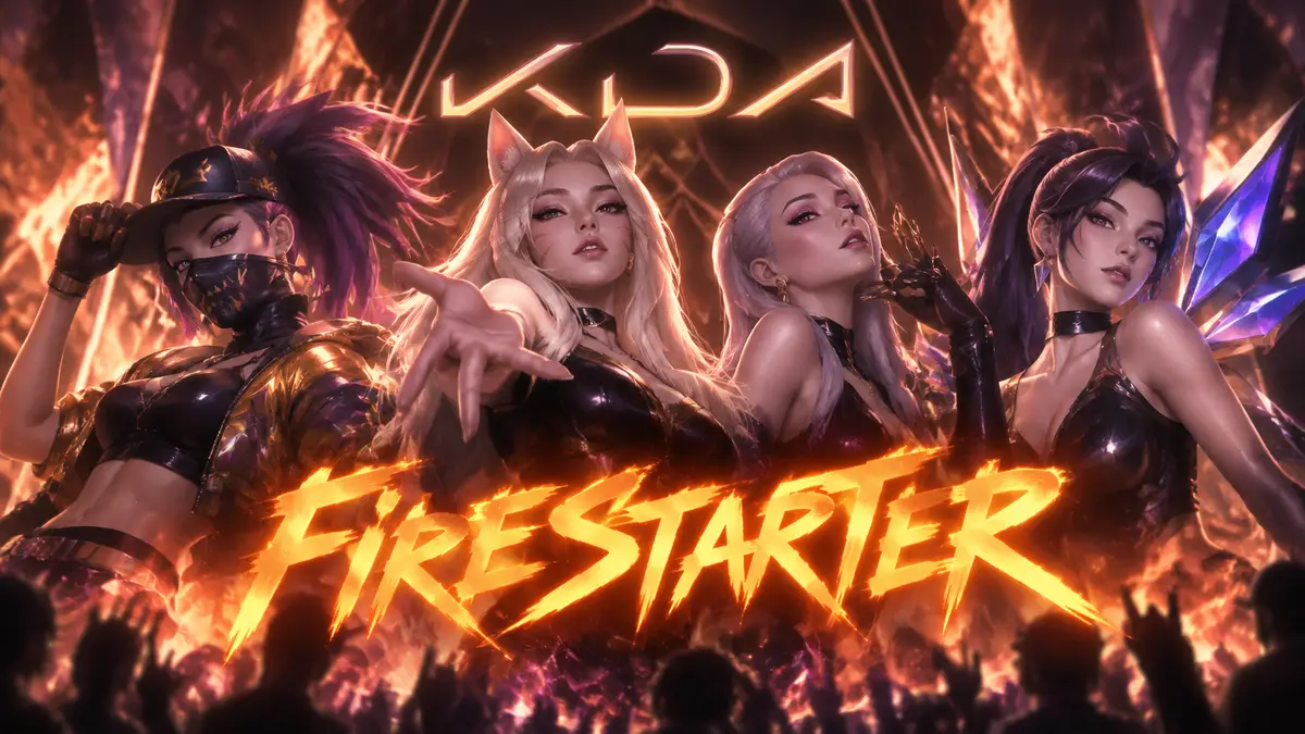 K/DA из League of Legends: Ahri, Akali, Evelynn и Kai'Sa на сцене в огненном неоне, постер Firestarter
