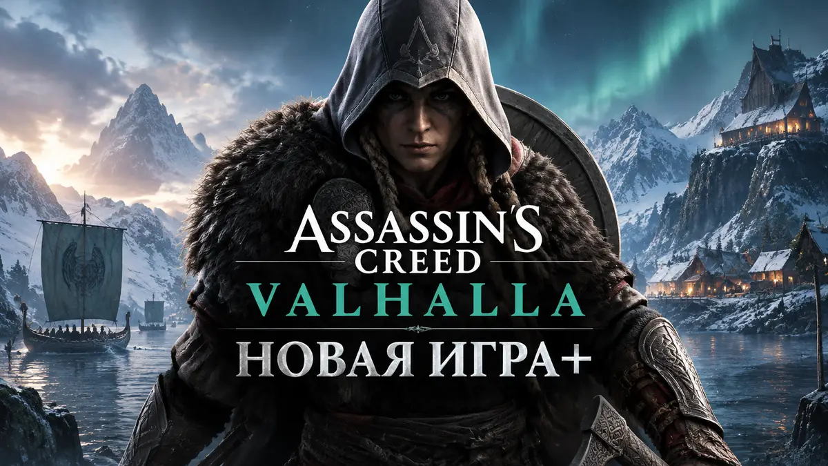 Эйвор из Assassin's Creed Valhalla в капюшоне ассасина на фоне северного пейзажа