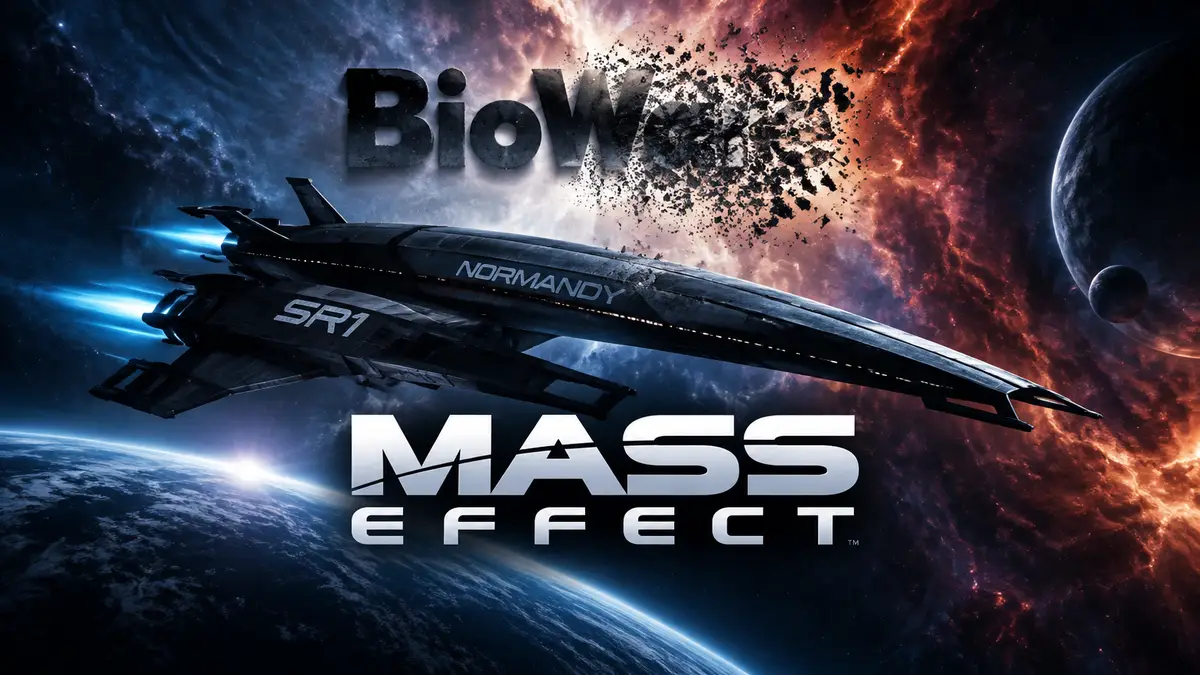 Нормандия на фоне туманности и логотип Mass Effect, над кораблём гаснет эмблема BioWare в стиле постера