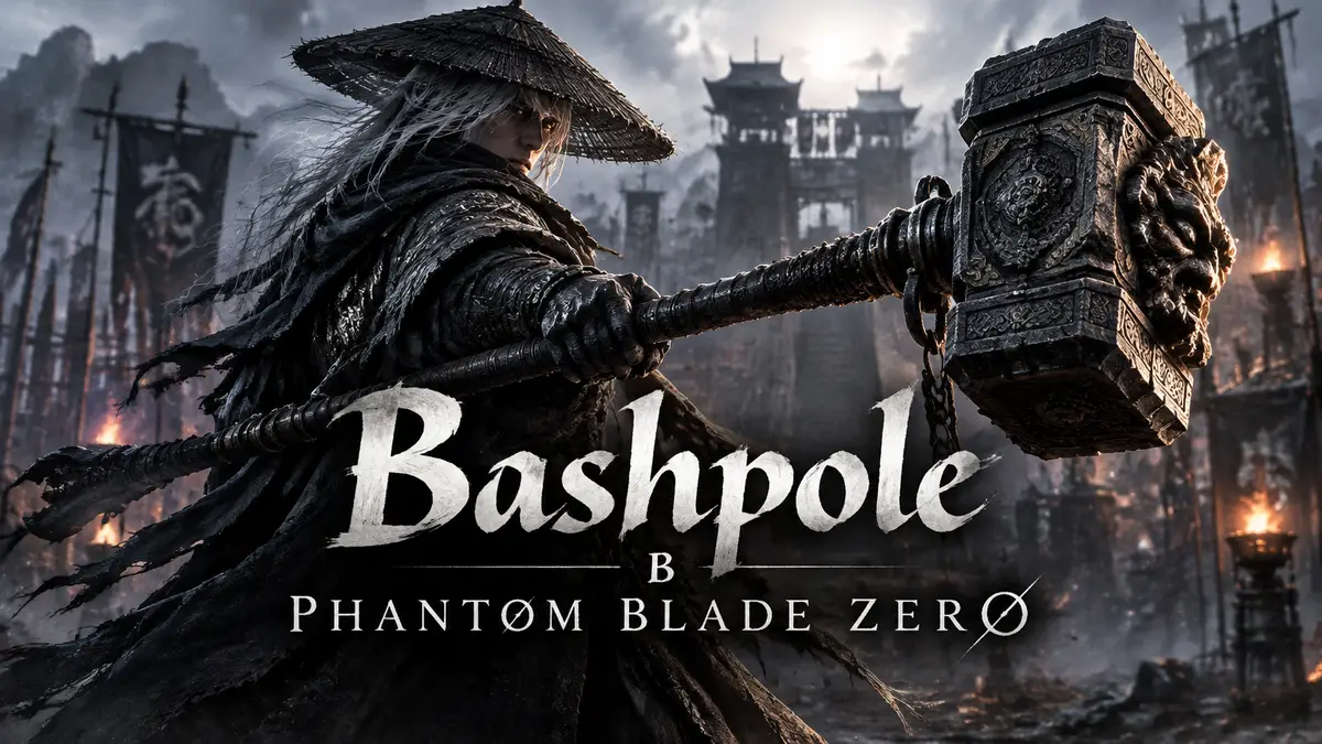 Воин в стиле уся с массивным молотом Bashpole на фоне военного лагеря, ключевой арт Phantom Blade Zero