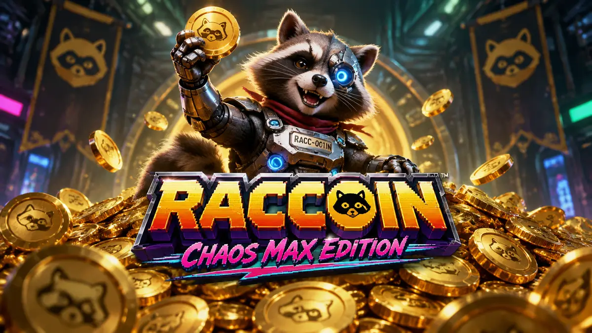Кибернетический енот RACC-001N на горе золотых монет, логотип RACCOIN: Chaos Max Edition в ретро-стиле