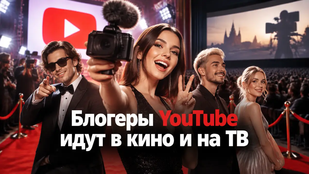 Европейские блогеры YouTube с камерой на красной дорожке кинофестиваля, логотип YouTube и экран кинотеатра