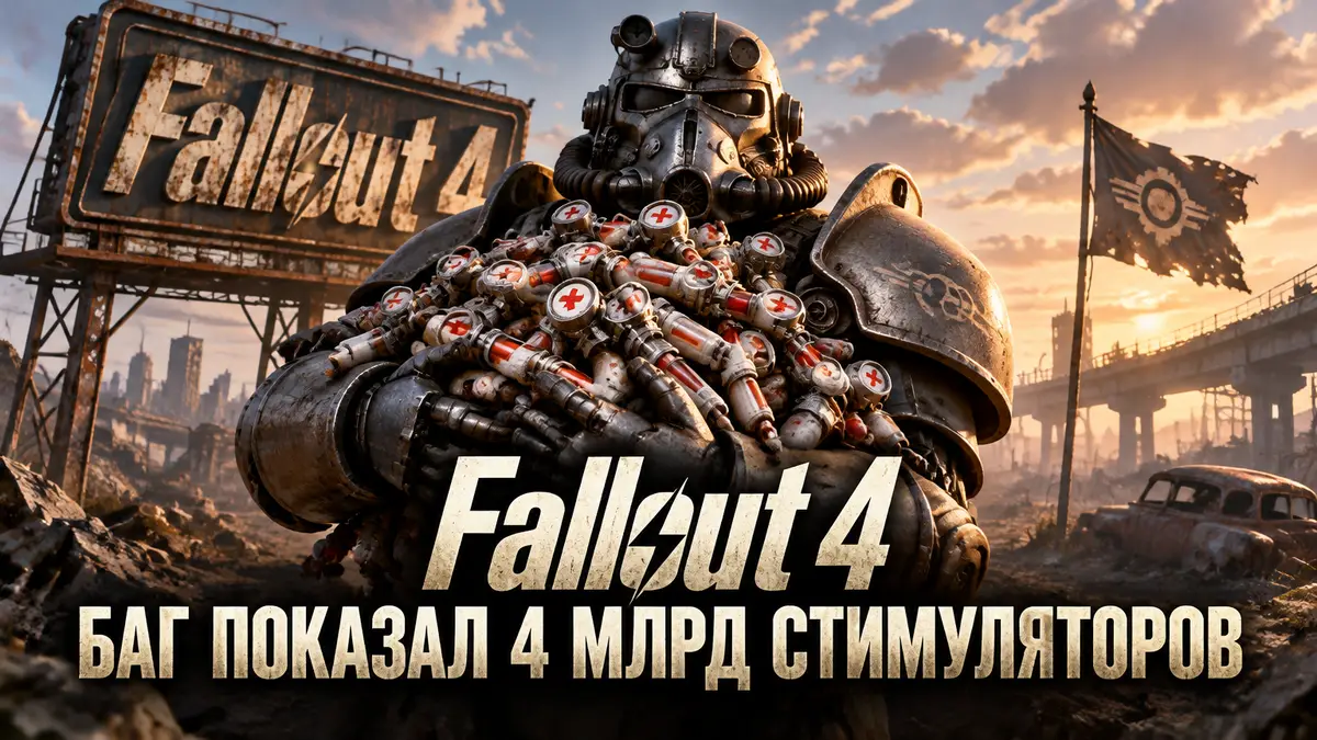 Персонаж Fallout 4 в силовой броне держит гору стимуляторов на фоне руин Пустоши и логотипа Fallout