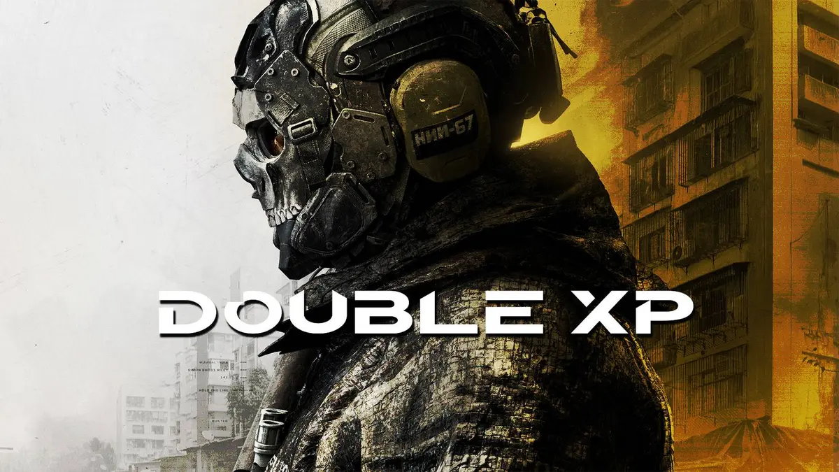 A skull-masked soldier in tactical gear stands before a war-torn city backdrop, with a large “Double XP” graphic across the image.