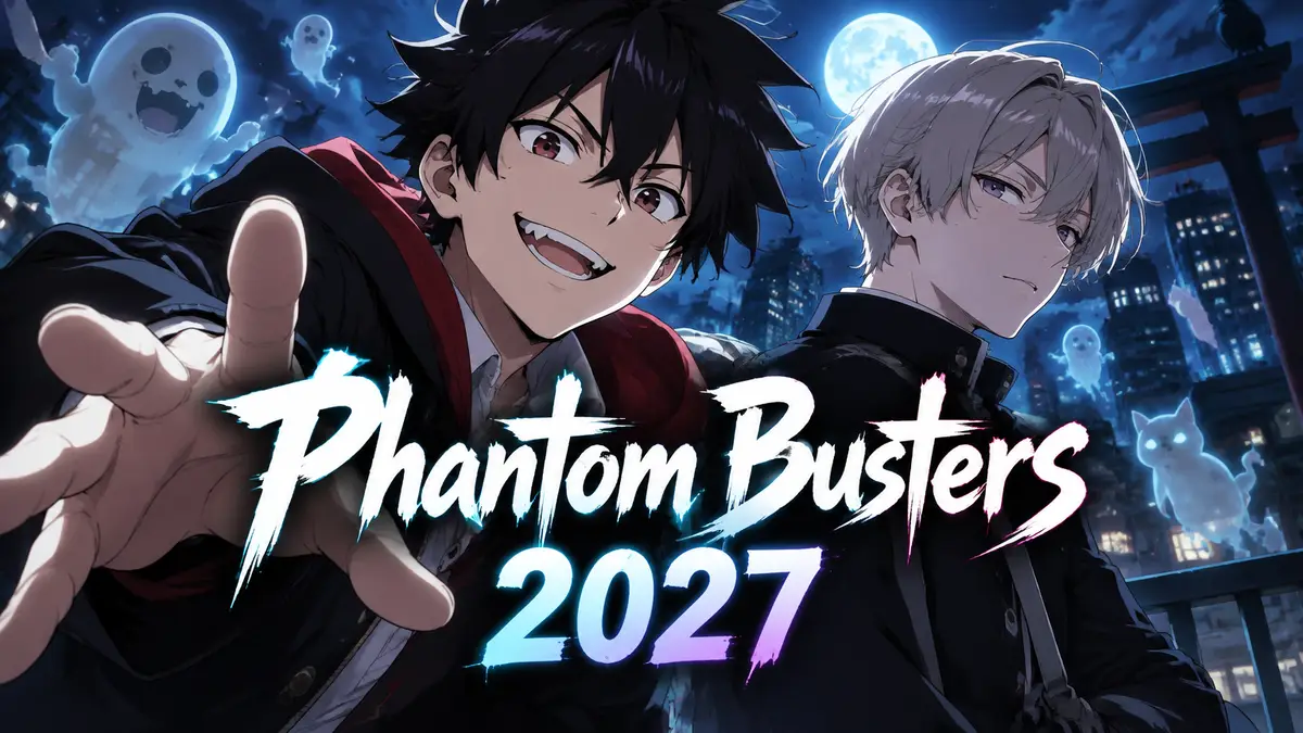 Герои аниме Phantom Busters Могари Сисикуно и Юджин Корэкиси на фоне призрачного ночного города