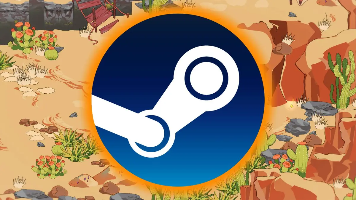 The Steam logo is superimposed over a cartoonish desert-like backdrop.