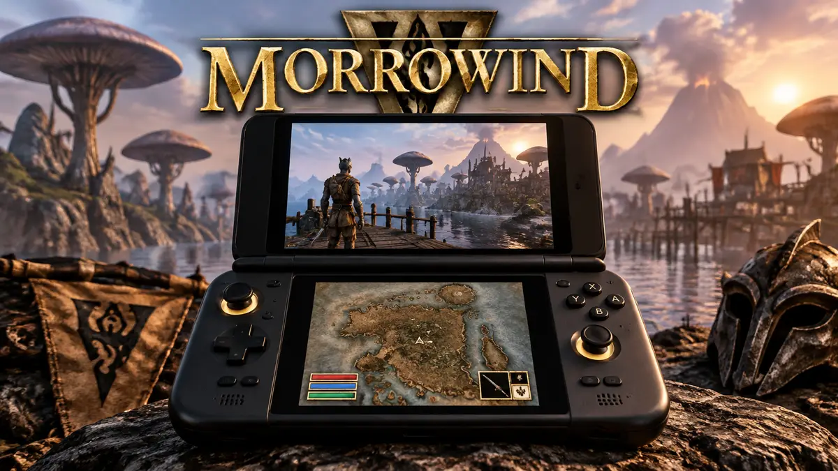 Двухэкранная Android-консоль AYN Thor с миром The Elder Scrolls 3: Morrowind и грибными башнями Вварденфелла