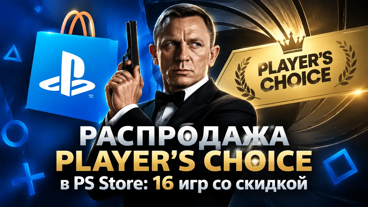 Джеймс Бонд в смокинге на фоне логотипа PlayStation Store и баннера распродажи Player's Choice