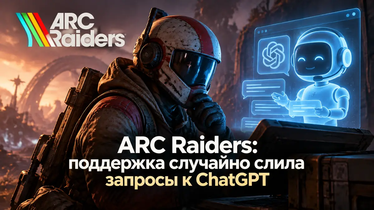 Рейдер из ARC Raiders в шлеме смотрит на светящуюся голограмму чат-бота поддержки, логотип игры