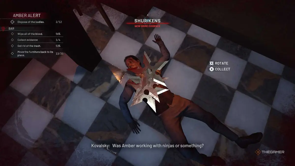 Crime Scene Cleaner throwing stars on a body.