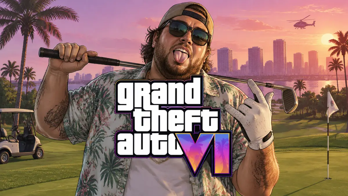 Кэл Хэмптон из GTA 6 на поле для гольфа показывает язык, в стиле постера Grand Theft Auto 6