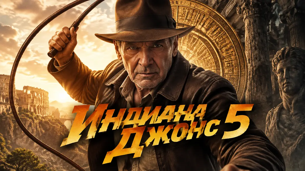 Постер фильма Индиана Джонс и Колесо судьбы с Харрисоном Фордом в шляпе и с кнутом