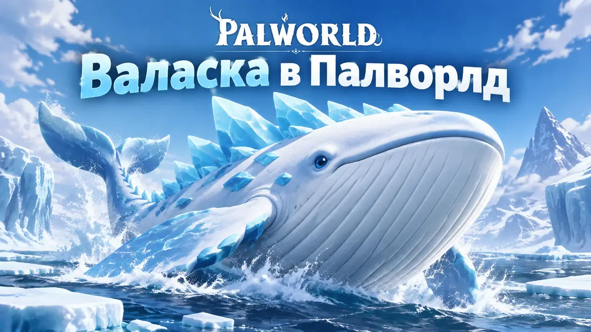 Валаска из Palworld — белый кит со льдинами на спине плывёт среди ледяного моря, стиль key art Палворлд