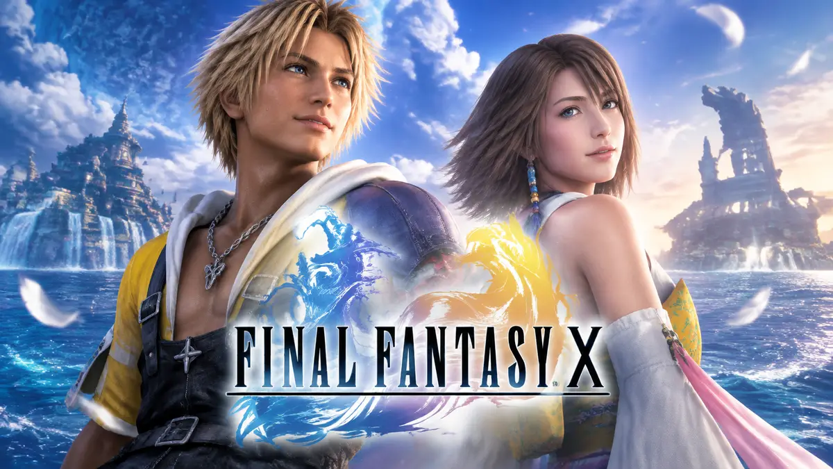 Тидус и Юна из Final Fantasy 10 на фоне постерного арта к юбилею игры