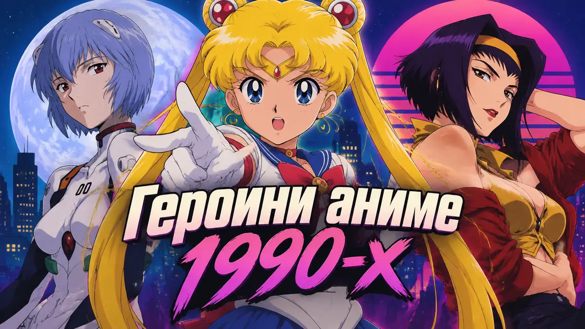 Героини аниме 1990-х Сейлор Мун, Рей Аянами и Фэй Валентайн на ярком постере в стиле ретро-аниме