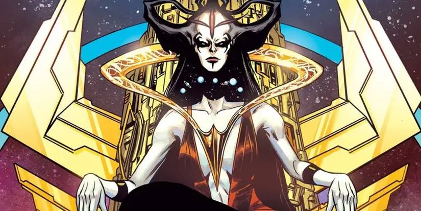 Comic book art: Perpetua poses on her throne.