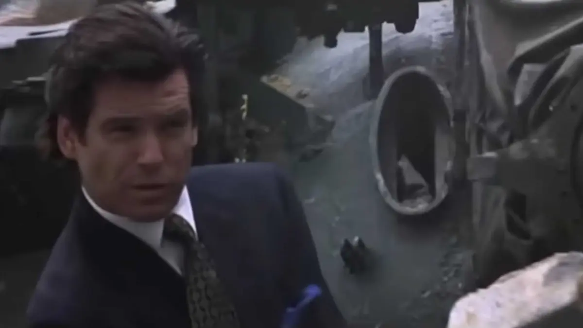 Pierce Brosnan as 007 steering a tank in Goldeneye