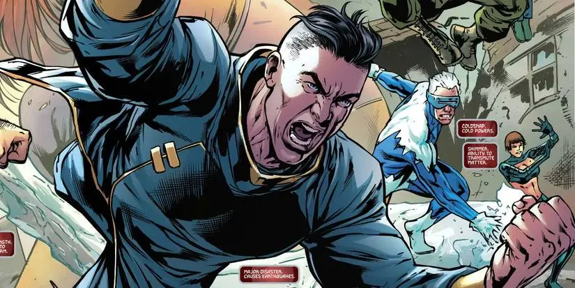 Comic book panel: Major Disaster going into battle as a member tof the Justice League