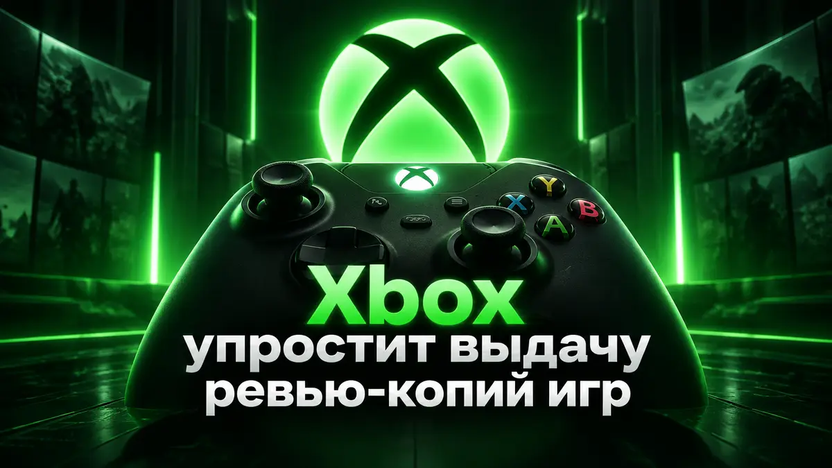 Светящийся зеленый логотип Xbox и геймпад консоли на темном технологичном фоне