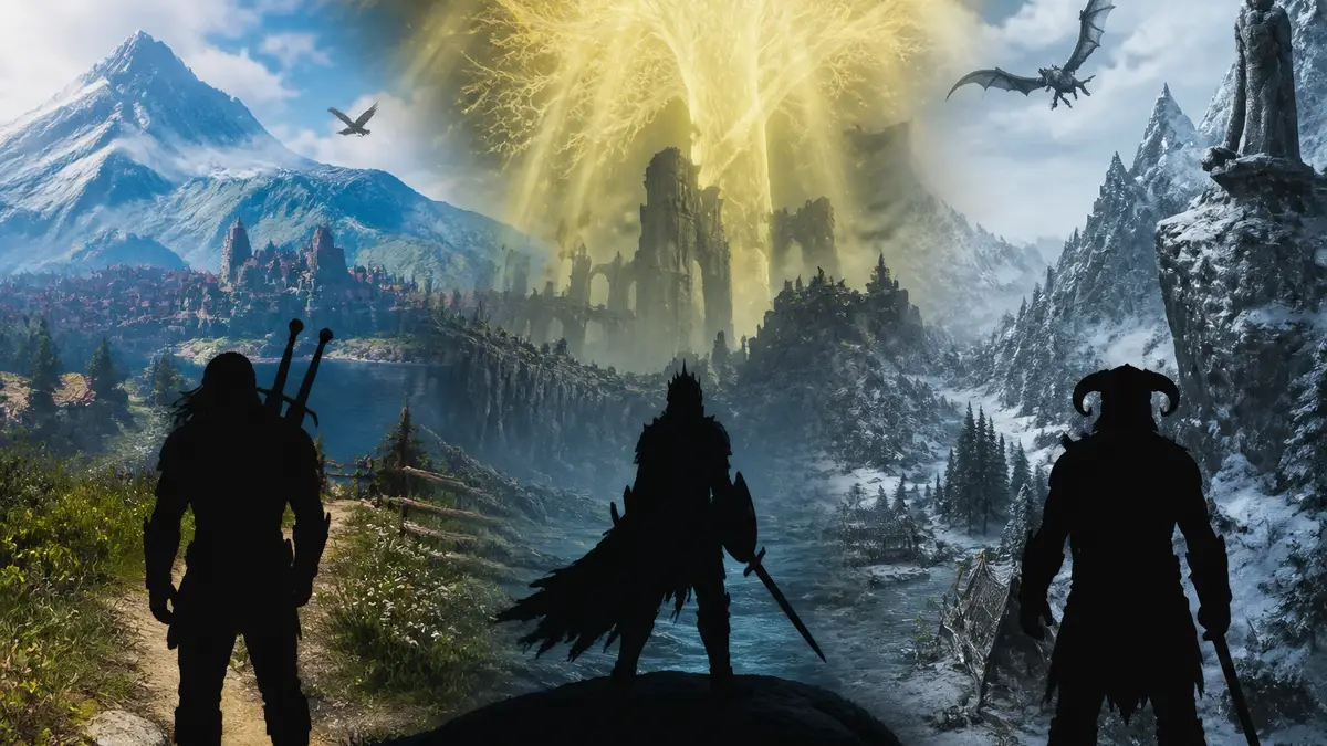 Коллаж из скриншотов известных RPG с открытым миром, таких как The Witcher 3, Elden Ring, Skyrim.