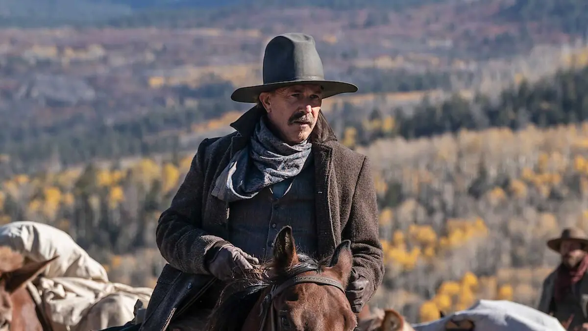 Kevin Costner in Horizon: An American Saga his character sits on top a Horse.