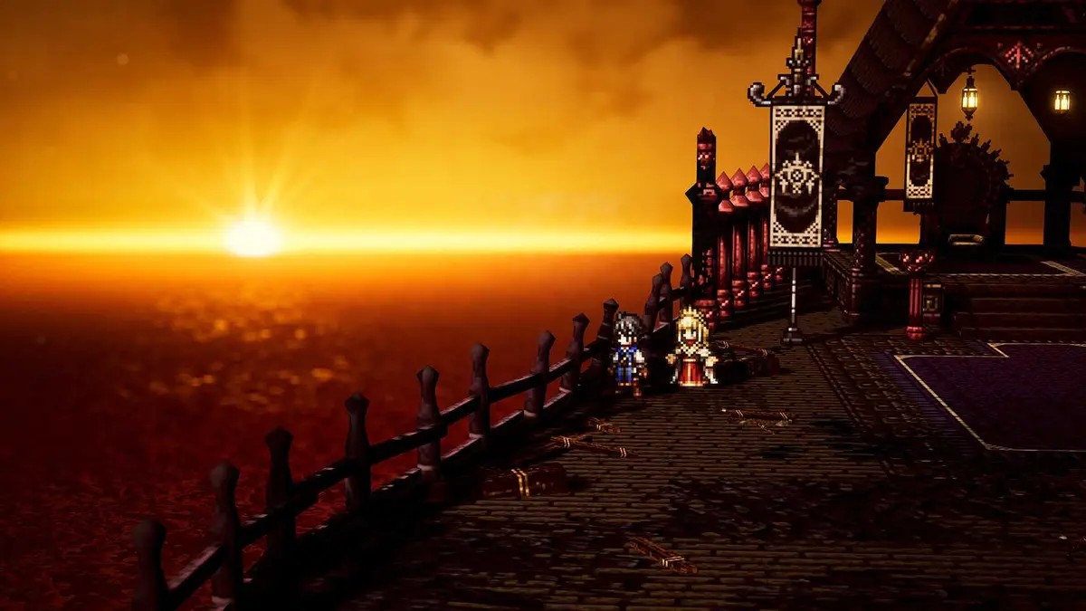 The protagonist overlooking the sunset in Octopath Traveler 0