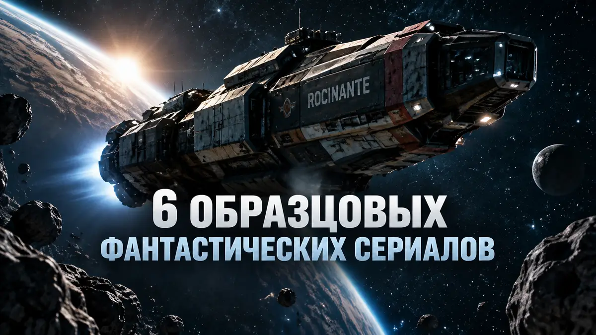 Космический корабль из The Expanse на фоне звездного неба в стиле фантастического сериала