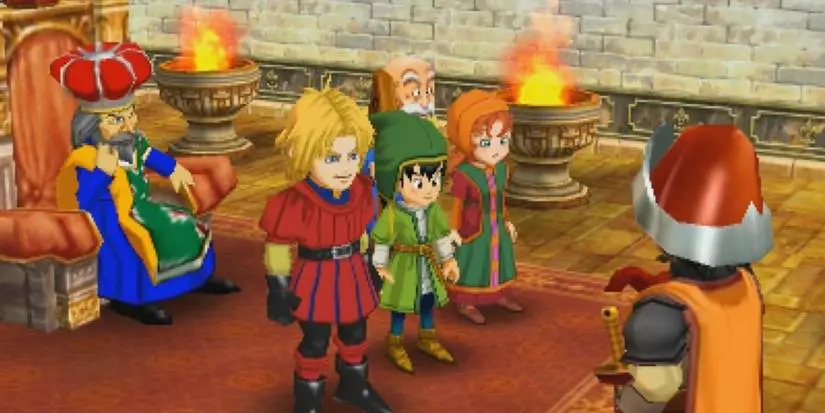Dragon Quest VII's 3DS remake depicting the party in a royal throne room.