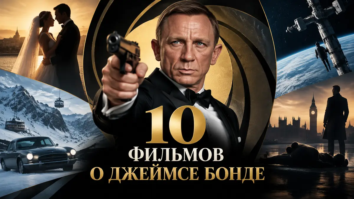 Джеймс Бонд в смокинге с пистолетом на фоне силуэтов эпох 007, постер в стиле классических фильмов о Бонде