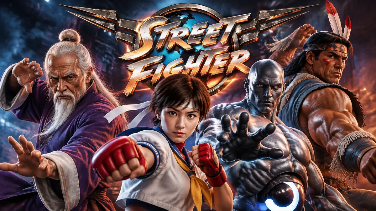 Бойцы Street Fighter Gen, Sakura, Seth и T. Hawk в боевых стойках на фоне логотипа фильма