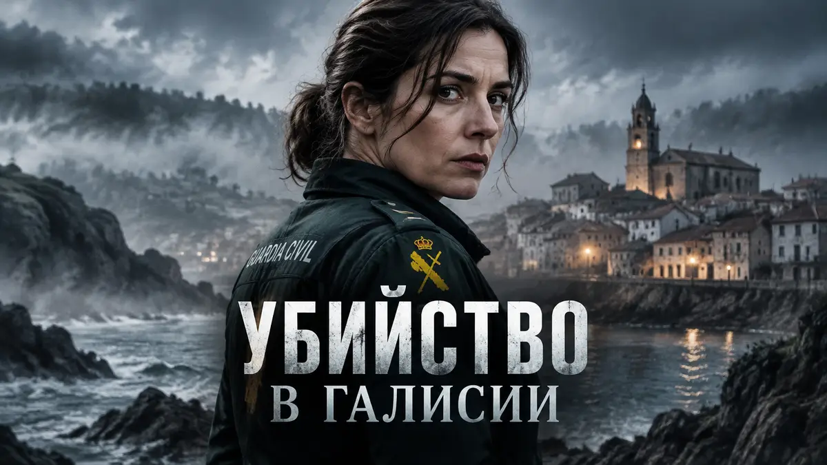 Постер сериала «Убийство в Галисии»: сержант Гражданской гвардии на фоне туманного галисийского городка