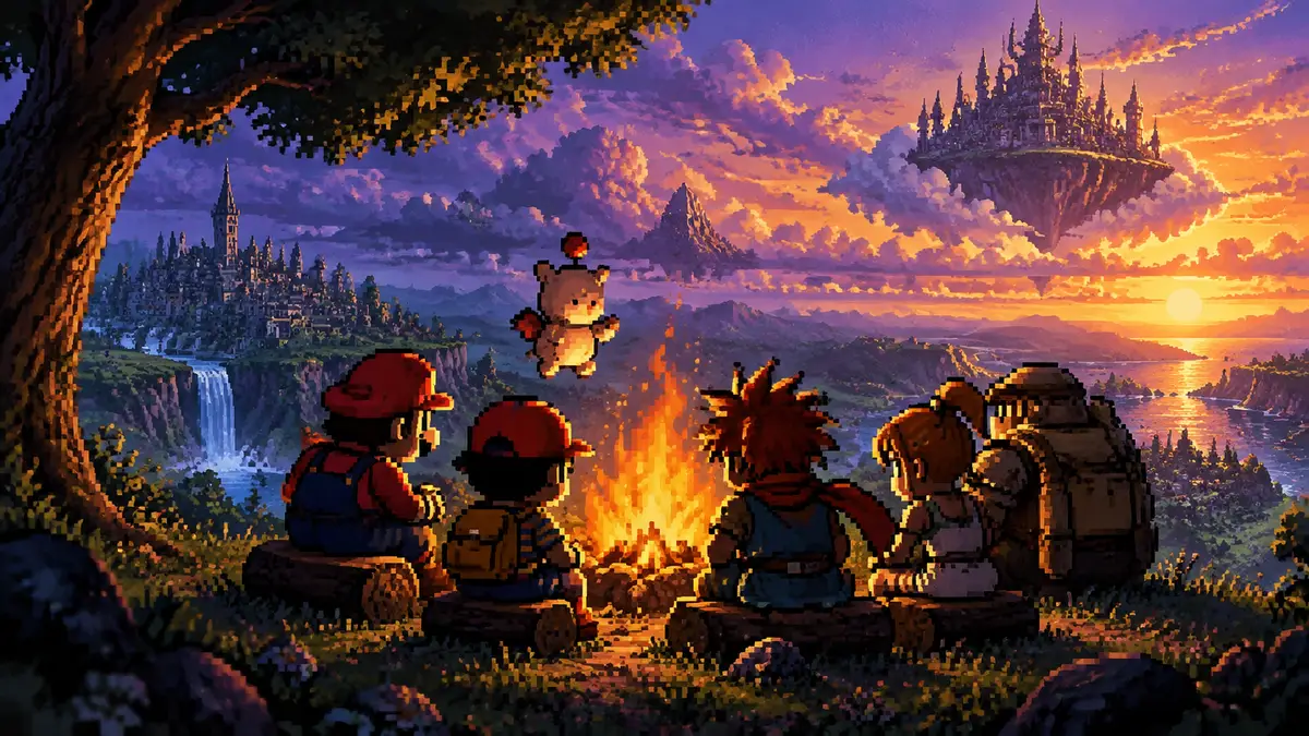 Марио, Ness из EarthBound и герои Chrono Trigger у костра в пиксельном стиле SNES, постер RPG