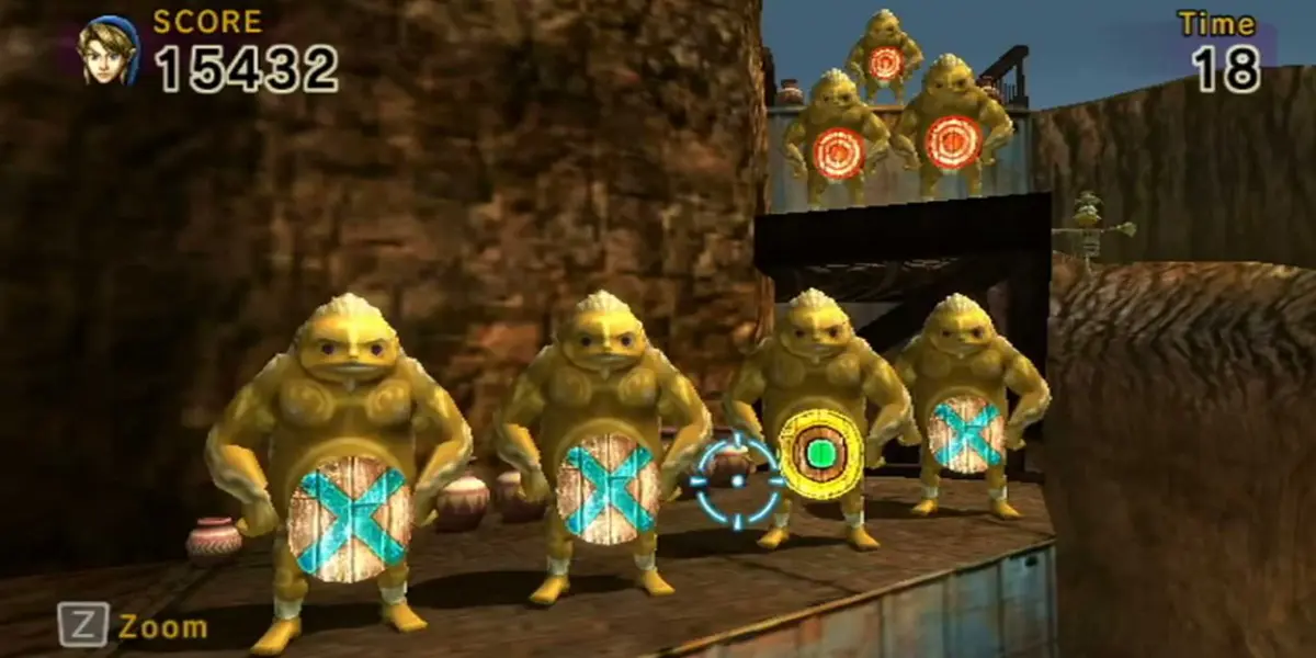 Link shoots at Goron targets in Link's Crossbow Training for the Wii