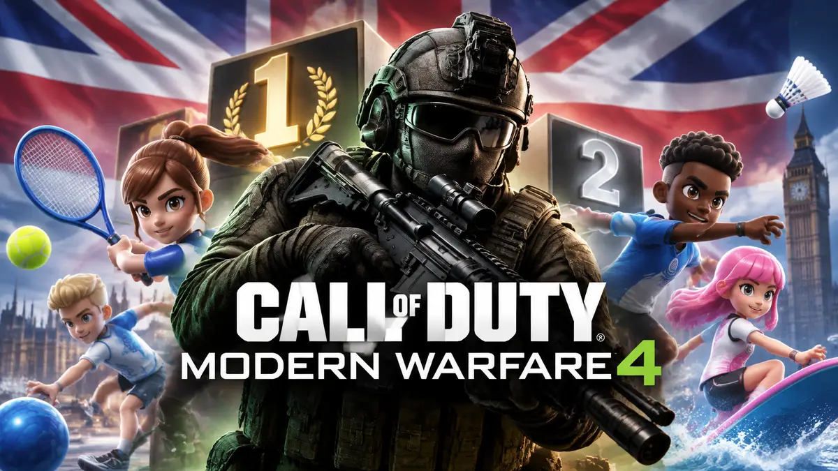 Солдат Call of Duty: Modern Warfare 4 и спортсмены Switch Sports Resort на фоне британского флага и чарта