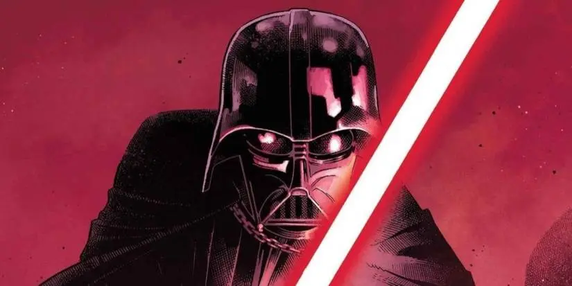 Darth Vader wielding his lightsaber in a combat stance in cover art for his Star Wars comic series.