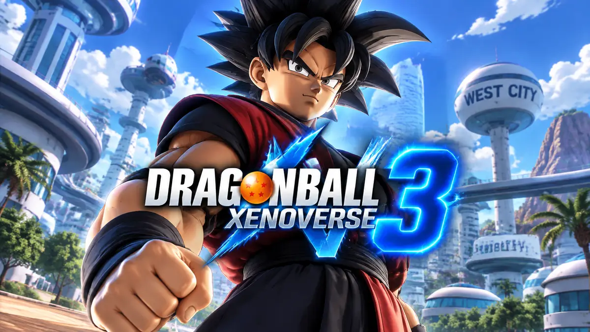 Решительный John Dragon Ball на фоне футуристического города West City в Dragon Ball Xenoverse 3