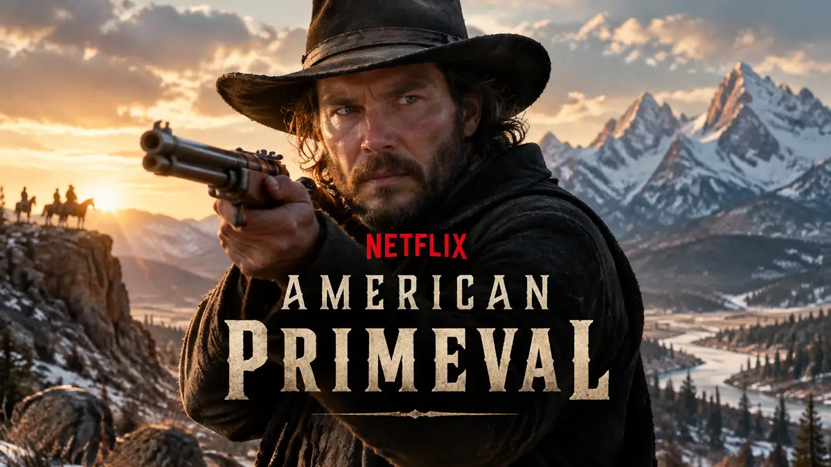 Тейлор Китч в образе стрелка на фоне суровых гор Юты, постер вестерна American Primeval от Netflix