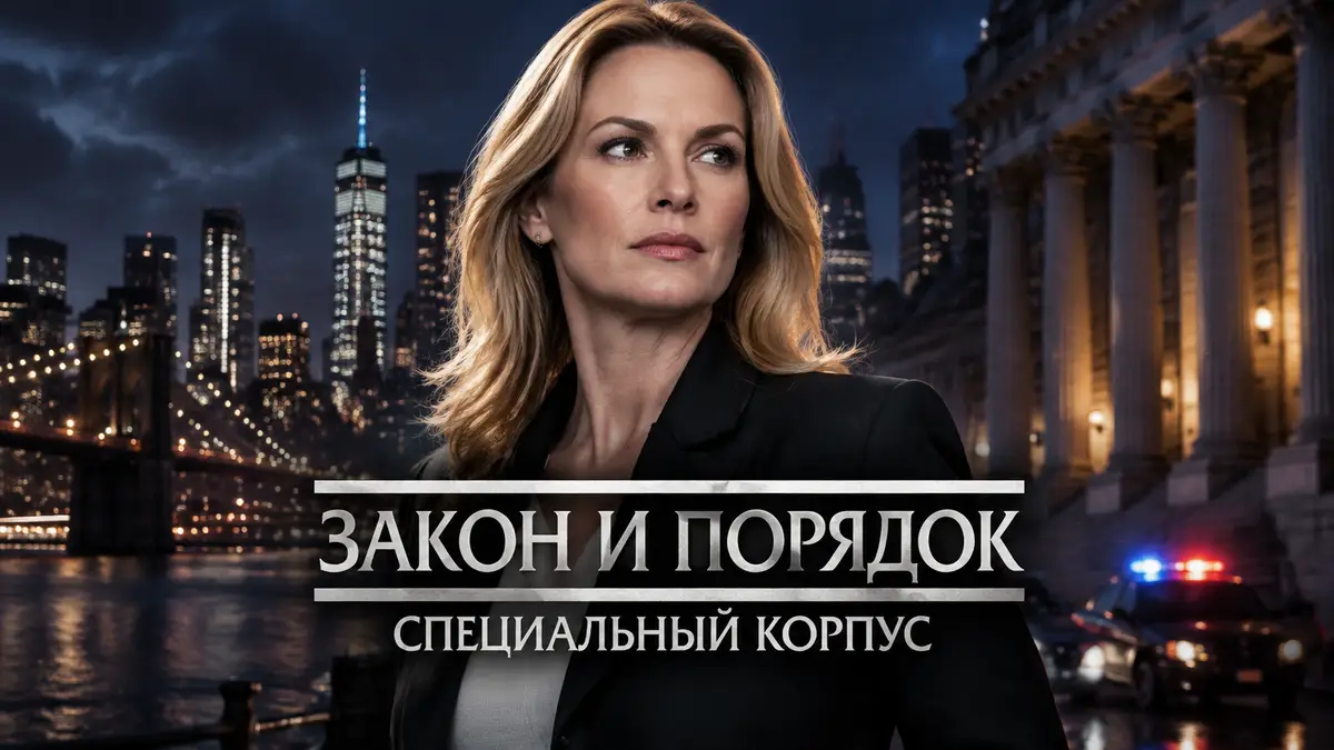 Стефани Марч в образе прокурора Александры Кэбот на фоне ночного Нью-Йорка, постер «Закон и порядок»