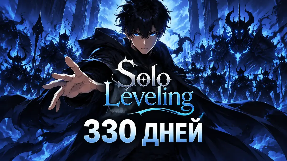 Сон Джину из аниме Solo Leveling в чёрном плаще на фоне армии теней и синего сияния, логотип Solo Leveling