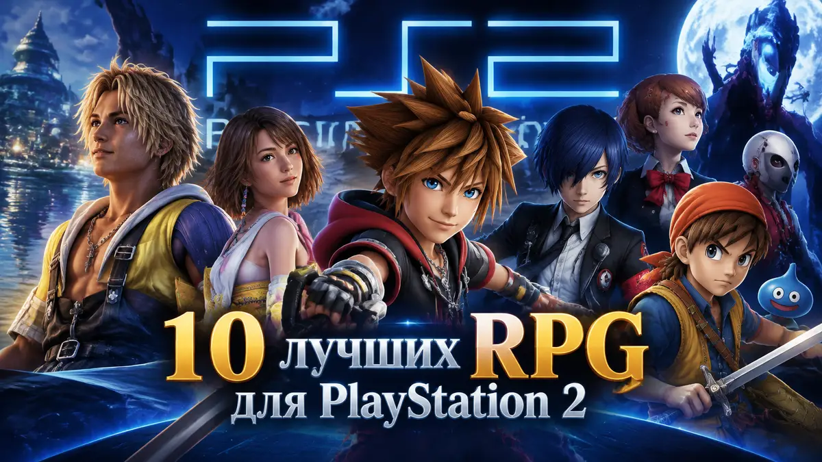 Герои RPG эпохи PlayStation 2 вместе на постере: Тидус, Юна, Сора и отряд Persona на фоне логотипа PS2
