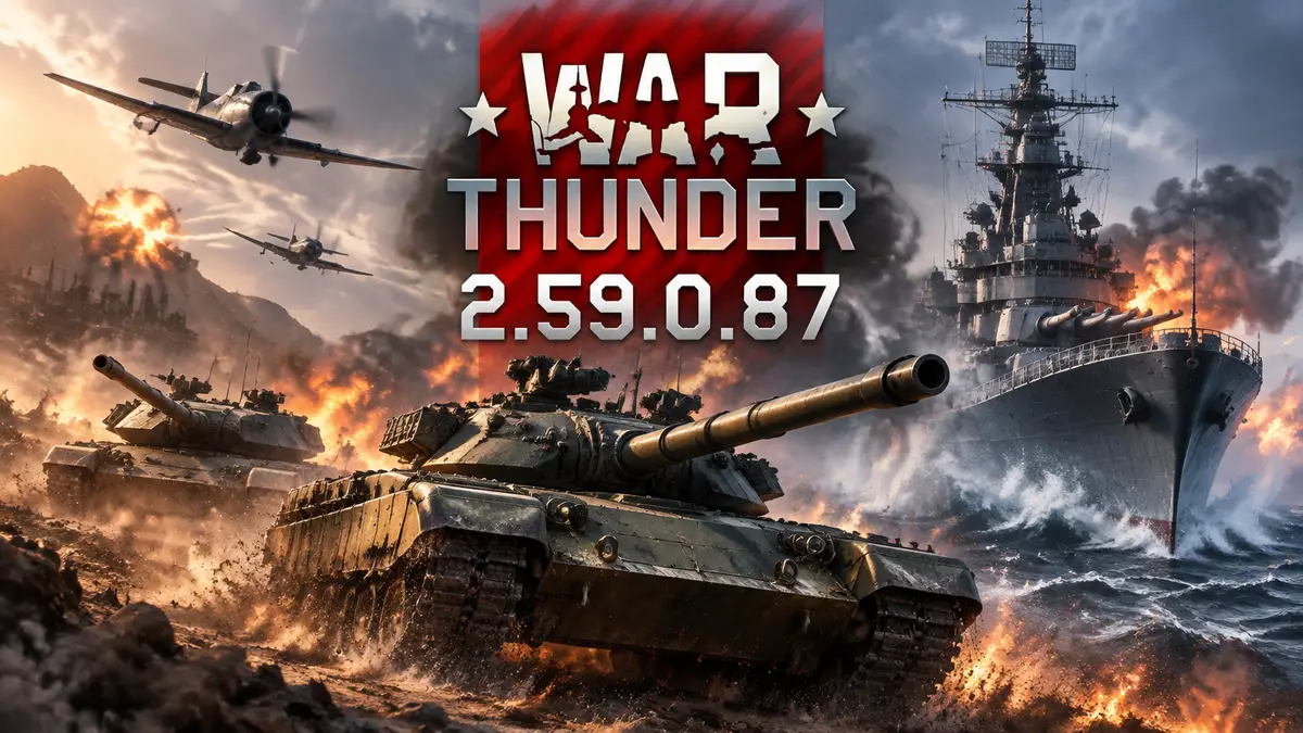Бронетехника и боевой корабль в дыму сражения в игре War Thunder