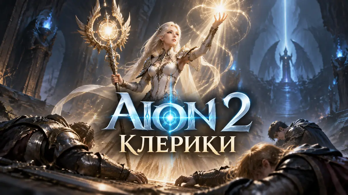 Клерик из Aion 2 в светлых доспехах с сияющим посохом поднимает руку над павшими союзниками в подземелье
