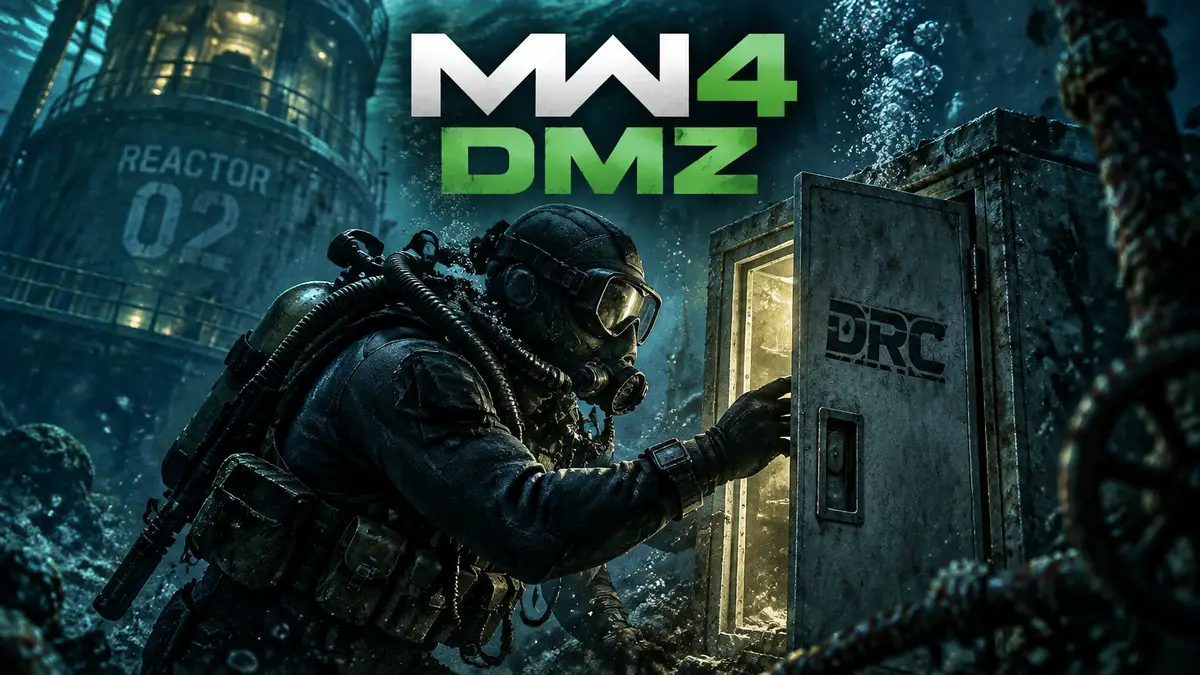 Оперативник в противогазе у шкафчика DRC на дне затопленного реактора, постер в стиле MW4 DMZ