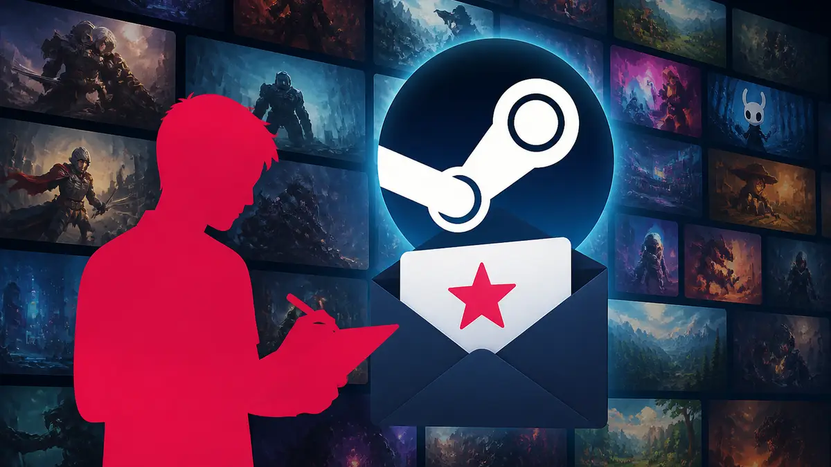 Логотип сервиса рассылки Wishlister на фоне библиотеки игр платформы Steam для ПК