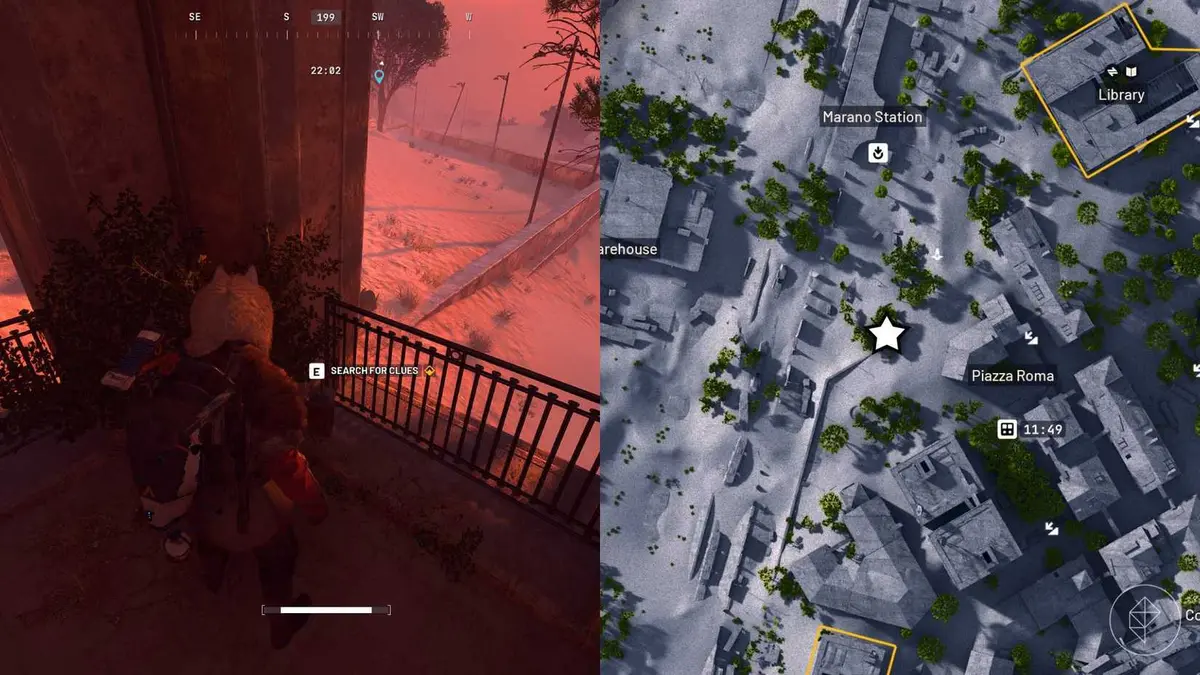 The left-hand side of the image shows the player standing at the objective in Arc Raiders while the right-hand side of the image shows the location marked on the in-game map with a star.