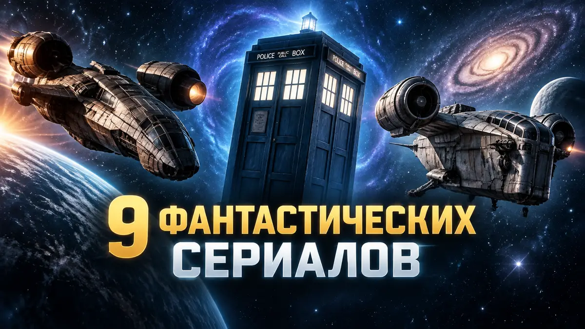 Космические корабли из фантастических сериалов: TARDIS, Serenity и Razor Crest на фоне звёздного неба
