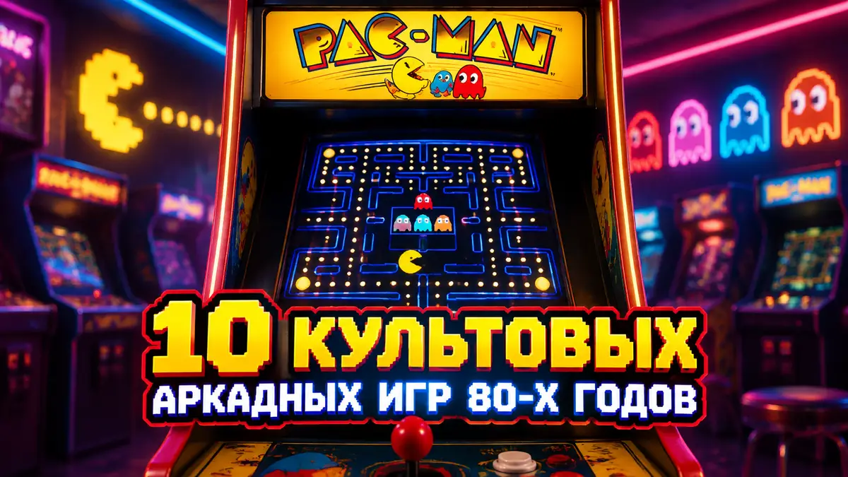 Игровой автомат Pac-Man с неоновой подсветкой в стиле ретро-аркад 80-х годов