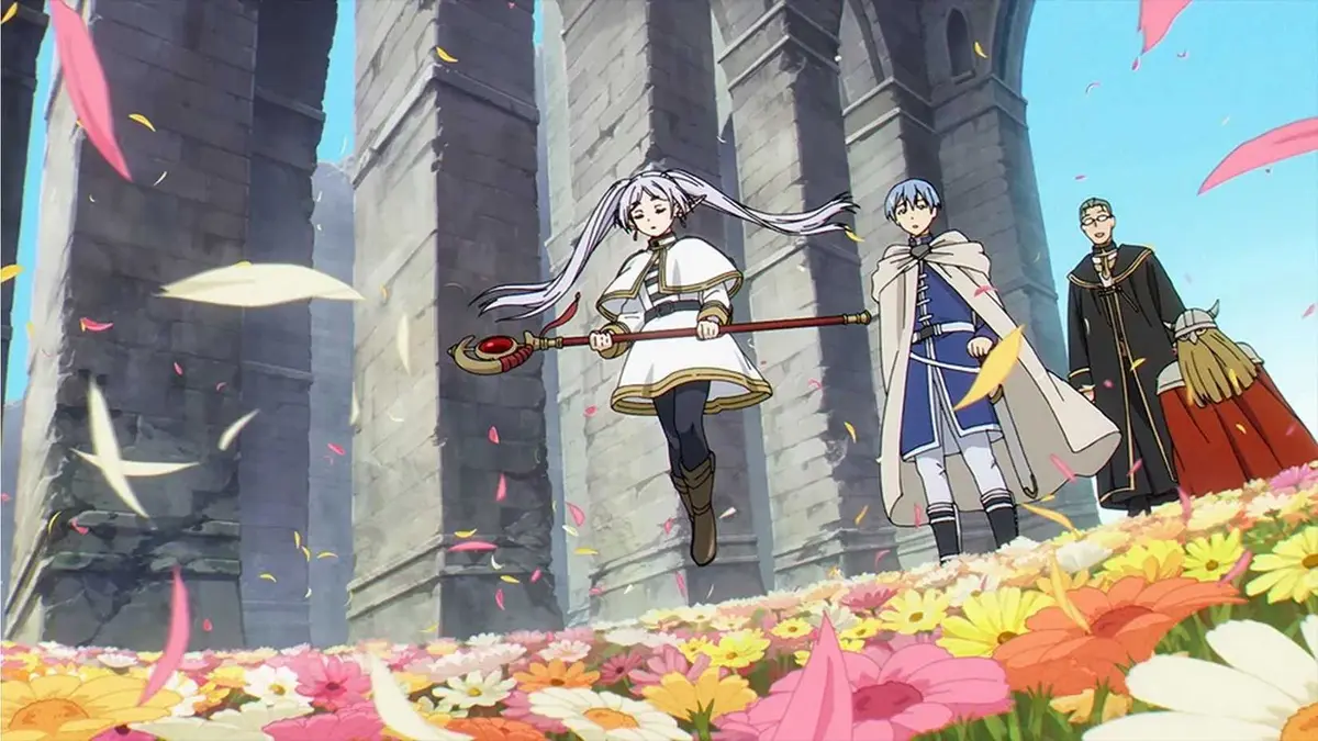 Frieren creates a field of flowers in Frieren: Beyond Journey's End.