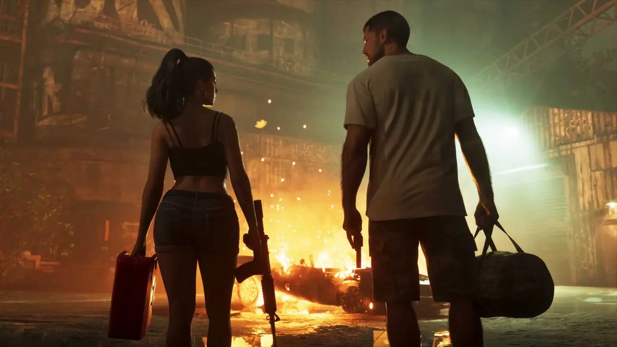 jason and lucia standing in front of a fire in gta 6.